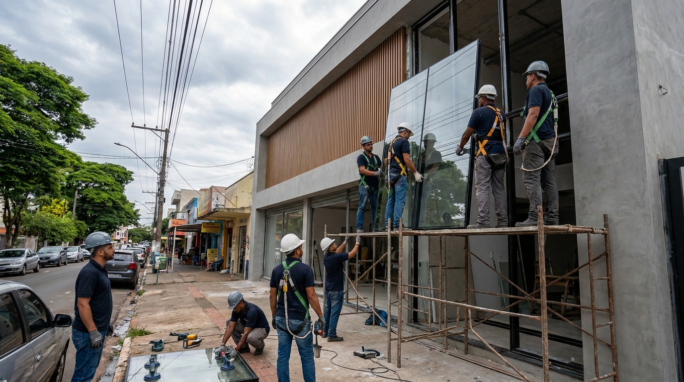 Fachada de vidro com andaime lateral em Anápolis-GO
