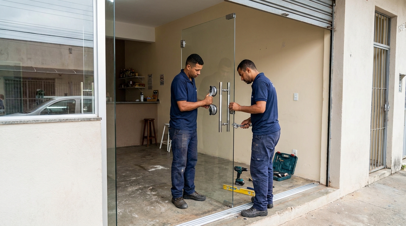 Dupla instalando porta de vidro em loja em Anápolis-GO